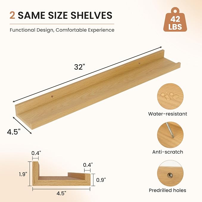 Dreamland Picture Ledge Shelf for Wall, Floating Shelves Set of 2, 32 Inch Long Floating Shelves with Lip for Living Room, Bedroom, Bathroom, Kitchen, Oak