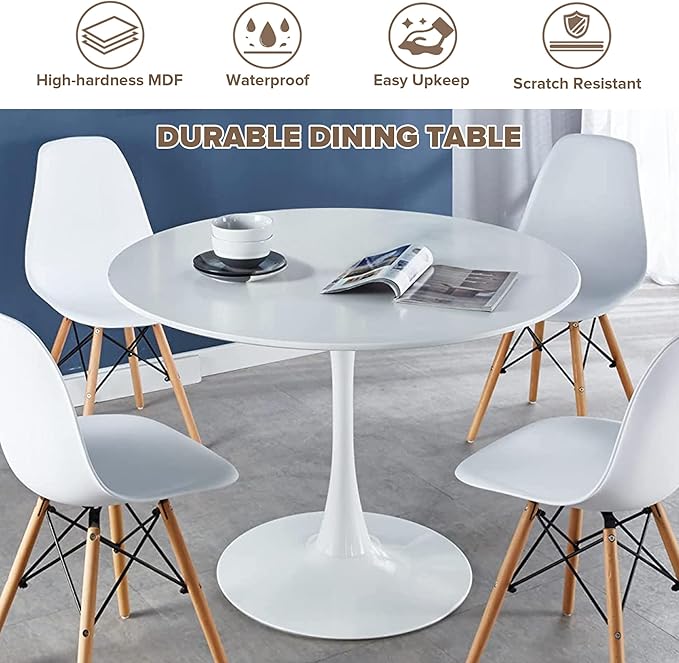5-Piece Round Dining Table Set,42" Mid-Century Modern Kitchen Table with 4 Chairs,Tulip Pedestal Table & Solid Wood Legs,Space Saving Compact Furniture for Small Spaces Apartment Home,White