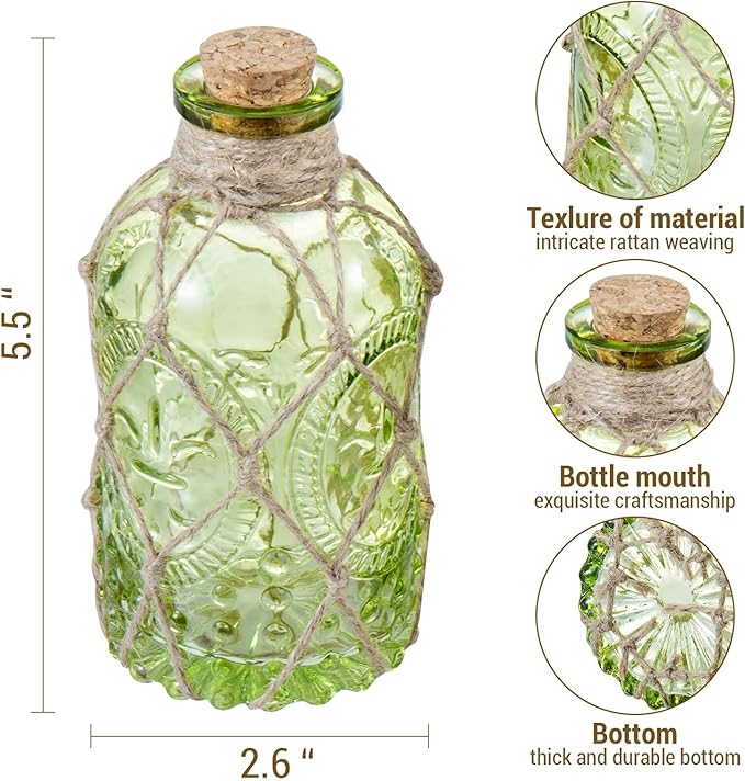 MyGift Set of 2 Vintage Embossed Green Glass Reed Diffuser Bottles with Cork Lids – Decorative Small Flower Bud Vases for Home Fragrance & Tabletop Decor