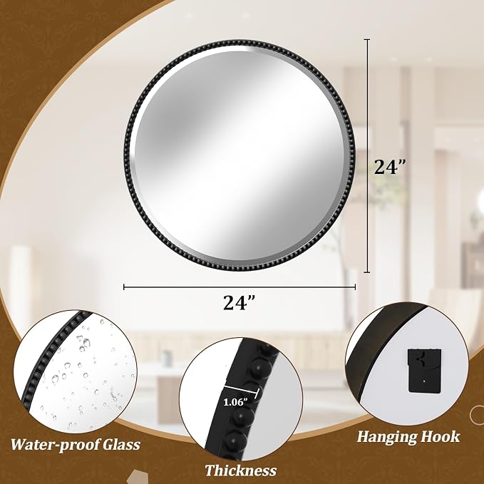 24 Inch Round Bathroom Mirror - Luxurious Retro Beaded Circle Decorative Wall Mirror with PU Frame Hanging Leaning as Art Decor for Entryway, Bedroom, Living Room, Hallway, Black