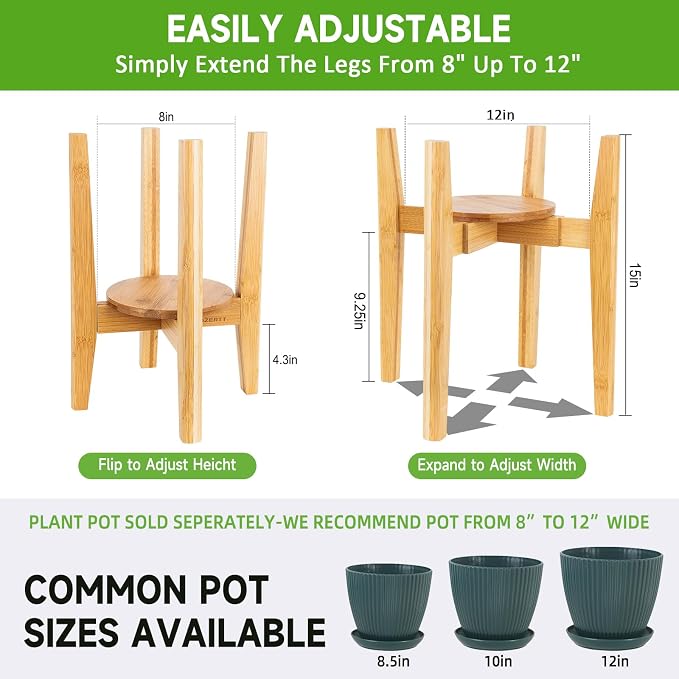 2 Packs Adjustable Plant Stand with Tray,Indoor Wood Plant Stand Fit 8'' to 12'' Planter,Mid Century Modern Flower Pot Holder Rack(Plant and Pot Not Included) Natural