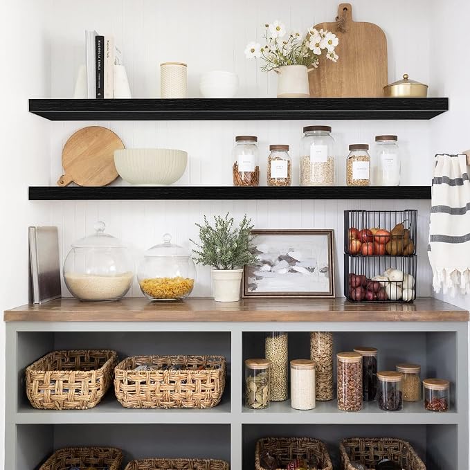 QEEIG Floating Shelves for Wall 47.2" Extra Long - Wall Mounted Shelf Bathroom Kitchen Living Room Bedroom Farmhouse Home Decor Display Bookshelf Large 47.2 x 9.3 inch Set of 2, Black (008-120B)