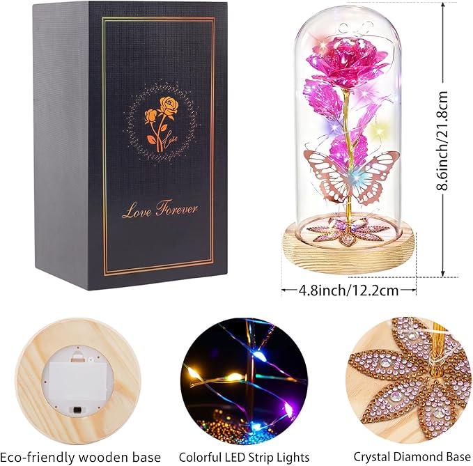 Beferr Christmas Birthday Gifts for Women, Mom Gifts for Christmas Galaxy Glass Rose Forever Preserved Flowers for Delivery Prime Rose in Glass Dome Xmas Gifts for Grandma Wife Sister Her, Pink