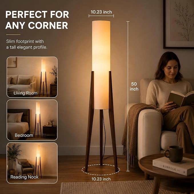 Bofea-Farmhouse Floor Lamp for Living Room & Bedroom,Walnut Wood Vintage Standings Lamp with Foot Switch, 3 Color White Fabric Tall Lamp,Decorative Tower Shade Lamp for Hotel Cafe Study