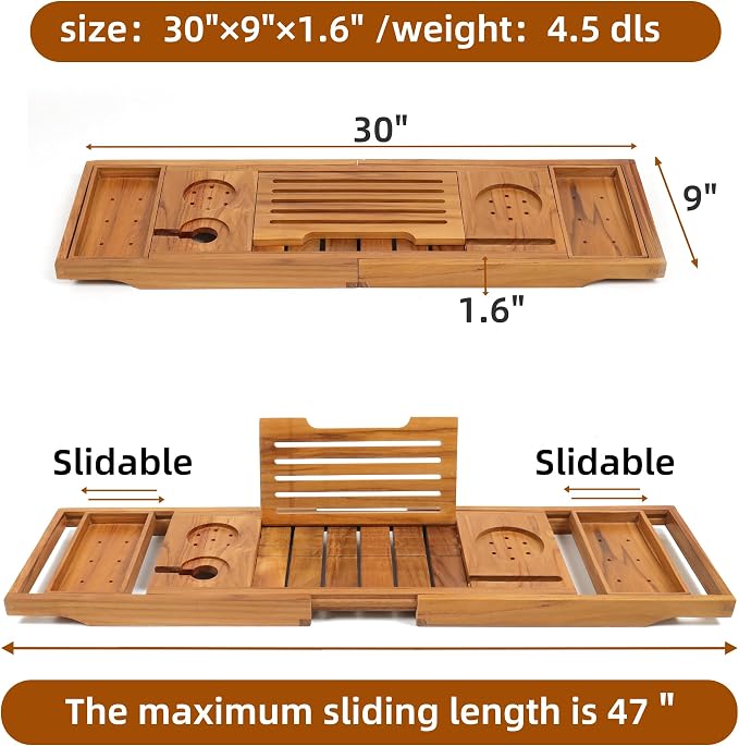 Expandable Teak Bathtub Tray - Luxury Wooden Bath Caddy & Tub Shelf, Over-The-Tub Bath Table with Book & Wine Glass Holder, Waterproof Bathroom Organizer for Spa Experience