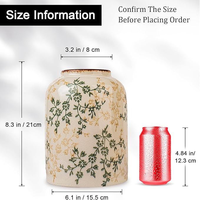 Fitous Green Chinoiserie Floral Vase, Ceramic Farmhouse Flower Vase, Creative Ice Cracked Vintage Vases for Home Decors, Cottage, Dining Coffee Table Centerpiece, Bookshelf, Tuscan Decor,8.3 Inch