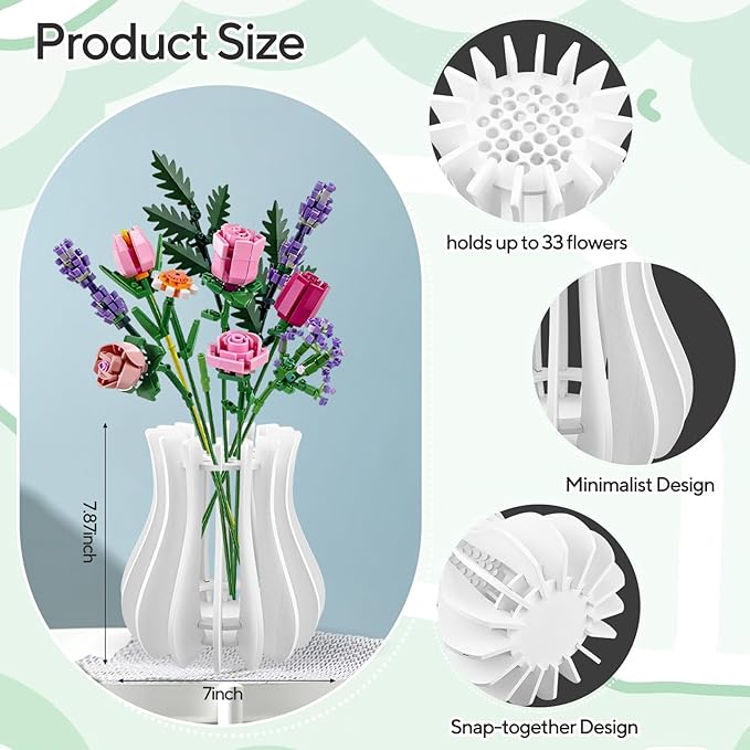 Wooden Vase for Lego Flowers - Wooden Vase for Lego Bouquet, Wood Vases Puzzle Set for LegoRoses Sunflower Tulips, Vases Kit for Artificial Bouquet Arrangement Home and Office Decoration (White)