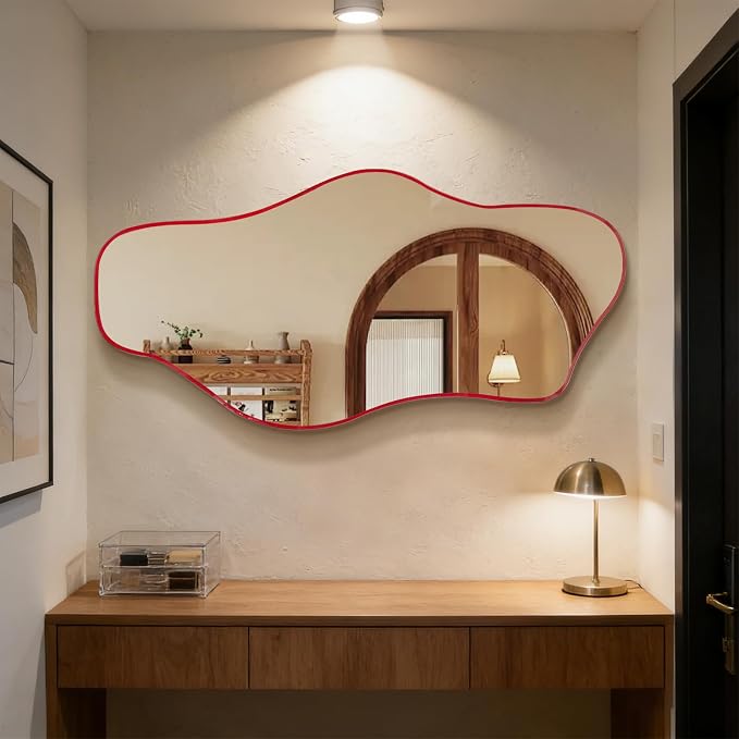 Irregular Wall Mirror, 47.2"x24" Asymmetrical Tempered Glass Mirror, Frameless Organic Shaped Mirrors for Entryway Bedroom Living Room Bathroom, Horizontal or Vertical Hanging ﻿