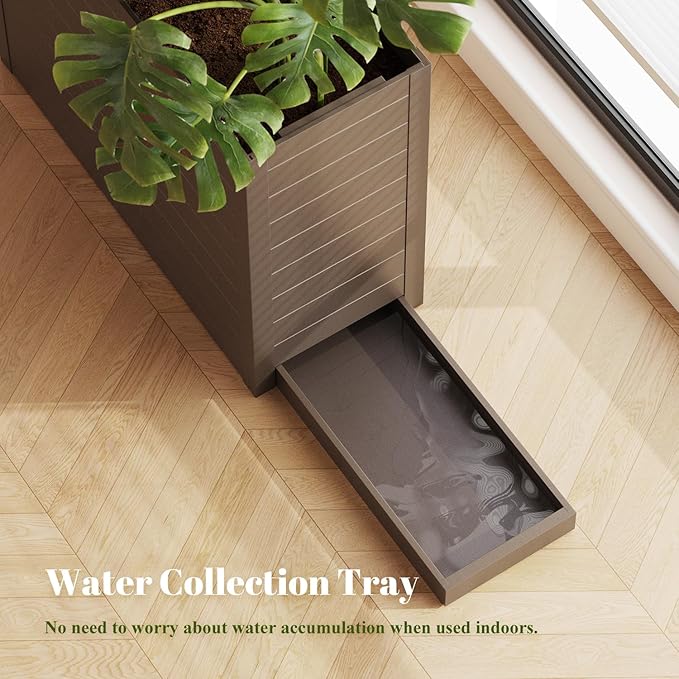 Outdoor Planter Box, Large Rectangular Planter with Removable Drip Tray, Suitable for Indoor or Outdoor Patios/Porches, Ideal for Planting Plants, Flowers, and Gardening (Brown)