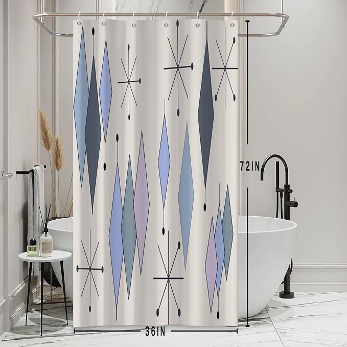 Mid Century Turquoise Shower Curtain Abstract Grey Blue Diamond Geometric Atomic Starburst Pattern Beige Backdrop for 1950s Retro Bathroom Decor Shower Curtain Set with 12 Hooks, 36x72 Inches