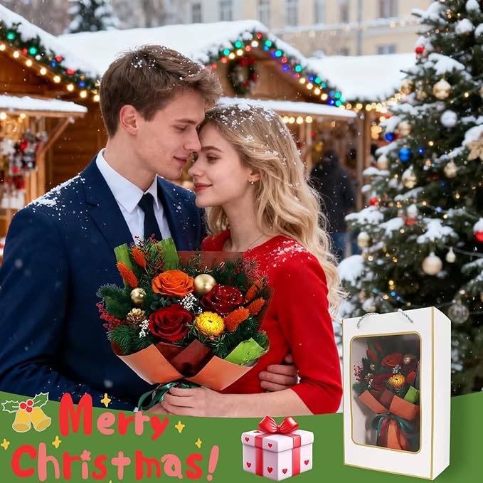 Christmas Preserved Flowers Bouquet, Real Forever Flowers as Christmas Gifts for Women, Long-Lasting Roses Bouquet Birthday Gifts for Women, Mom, Wife, Her