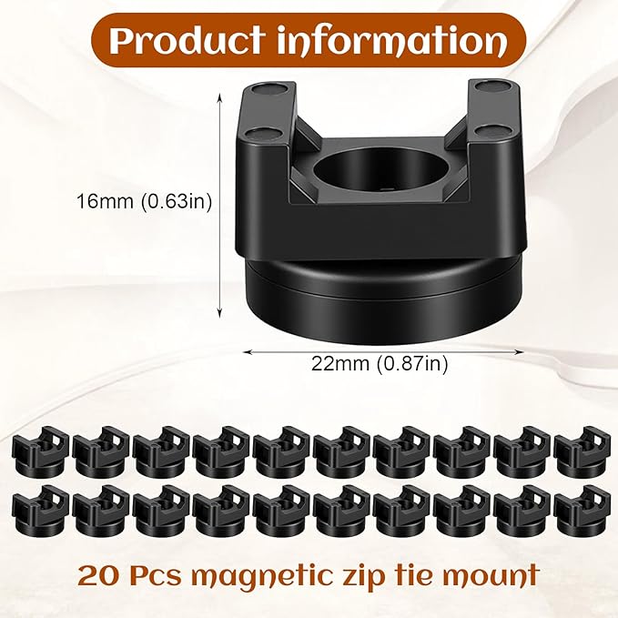 20 Pack Magnetic Zip Tie Mount Heavy Duty Magnetic Cable Zip Tie Base, Tie Mounts, Magnetism Wire Clamps, Magnet Zip Ties Holders, Zip Tie Organizer Magnet Wire Management Clips