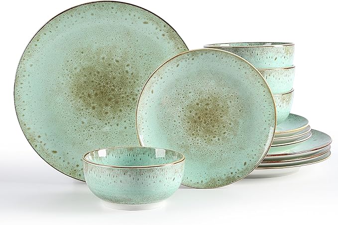 Sweejar Dinnerware Sets Service for 4, 12 pcs Porcelain Plates and Bowls for Kitchen, Housewaring Gift, Chip and Scratch Resistant Dish Set, Handmade Dishwasher and Microwave Safe Plate Set, Green
