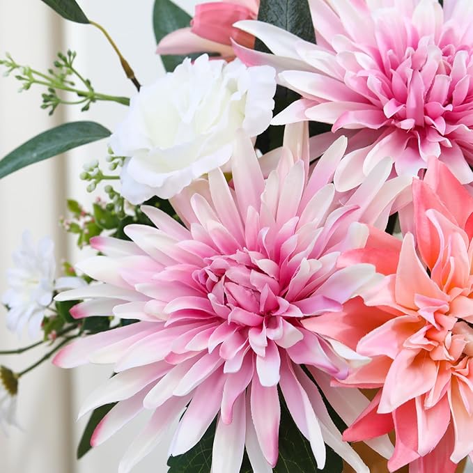 Artificial Flowers – Elegant Flower Bouquet, Faux Silk Dahlia & White Roses Floral Arrangement Fake Plant Decor for Home Indoor, Farmhouse kitchen Dining Decoration Wedding Table Centerpiece