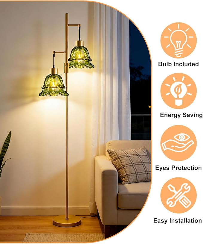 Lightdot 65IN Gold Flower Floor Lamp for Living Room, 2- Light Dimmable Floor Lamps with Green Glass Lampshade, 3000K Warm White Modern Standing Tall Lamp with 5Lbs Heavy Base for Bedroom Sofa Beside