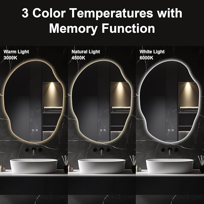 Asymmetrical LED Bathroom Mirror with Lights,Irregular Led Bathroom Vanity Mirror for Wall with Backlit, Anti Fog, 3 Colors and Dimmable Light,[Horizontal/Vertical] 40" H x 30" W