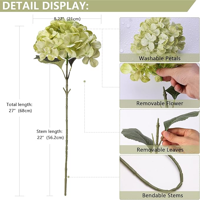 4 Pcs Long Stem Big Size Artificial Hydrangea Flowers for Home Wedding Decor, Party Centerpieces, Office Decoration,Shower (Lime Green)