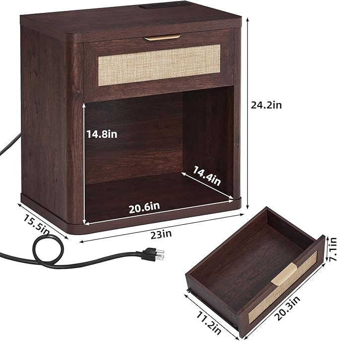 LEYAOYAO Rattan Nightstand with Charging Station, 23" Wide Boho Night Stand with Drawer, Walnut Bedside Table Open Storage Cabinet, Bed Side End Tables Dresser for Bedroom, Living Room, Hallway