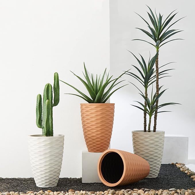 Glitzhome 2 Set 19" Outdoor Planter, Polyresin Modern Decor Large Tall Gardening Containers Flower Pots, White