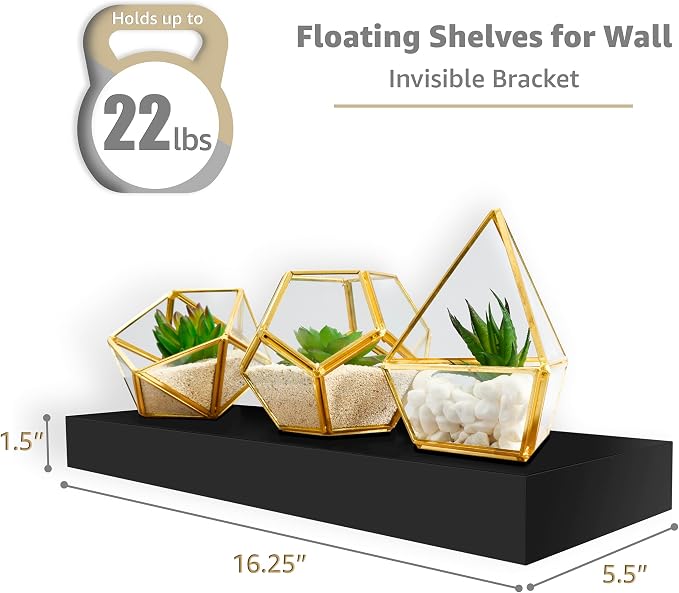 Sorbus Floating Shelves for Wall – 16 Inch Floating Shelf for Kitchen, Bedroom, Living Room, Bathroom, Home & Wall Decor - Mounted Bathroom Shelves with Invisible Brackets (Black, 5 Pack)