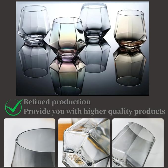 Wine Glasses Set Of 4,Stemless Diamond Shape 10 Oz Amber Christmas Glassware Dishwasher Safe, Spill-Proof Design For Red Wine, Cocktail, Whiskey, Bourbon, for Wine Lovers (Amber)