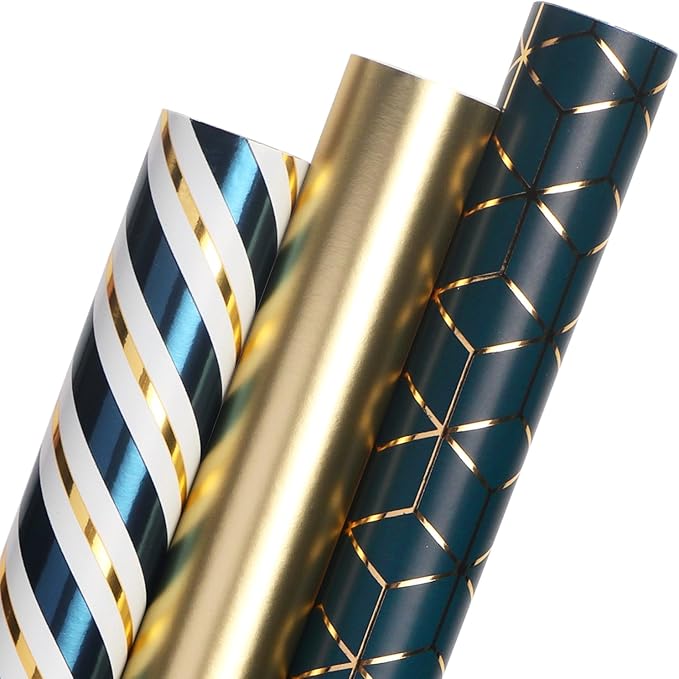 Ribbli Teal Gold Father’s Day Wrapping Paper Mini Roll, 3 Rolls Birthday Gift Wrap for Men Boy Friend Wedding - 17 inch x 120 inch(10feet) Per Roll