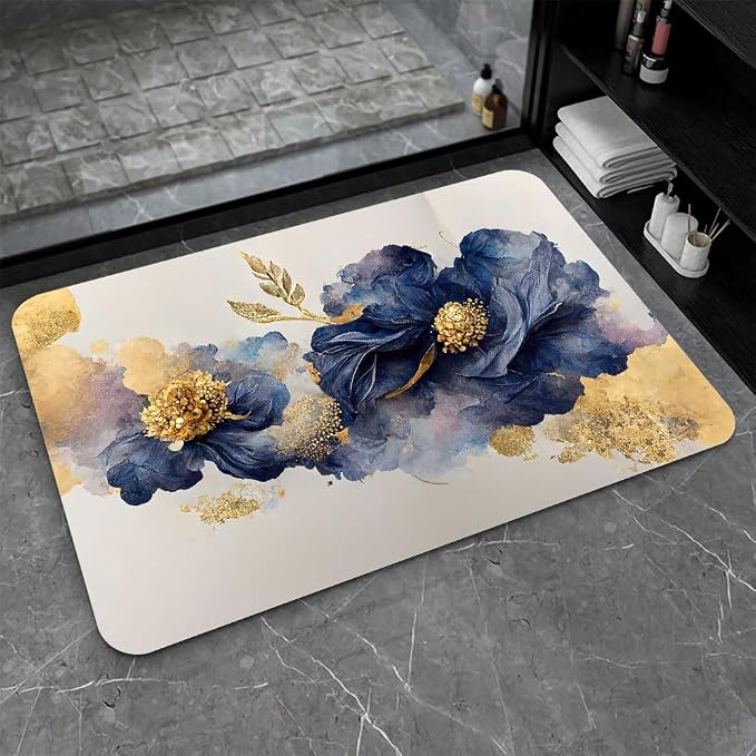 Diatomaceous Earth Bath Mat,Watercolor Flowers Gold and Blue Non-Slip Volume Super Absorbent Fast Drying for Bathroom Kitchen Door mat,Eco-Friendly Easy to Clean 16×24Inch (40 * 60cm)