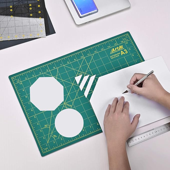 ArtAt Self Healing Cutting Mat: 12″x 18″ Green Double Sided Non-Slip 5 Layers PVC Durable Craft Sewing A3 Mat for Rotary Cutter, Use for Quilting and Scrapbooking and Craft & Art Projects…