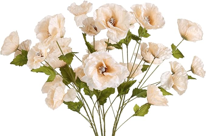 30 Heads Poppy Artificial Flowers 6 PCS Silk Flowers 32 in Poppy Flowers Champagne Flowers for Wedding Home Party Table Centerpiece Arrangement Decoration (Champagne)