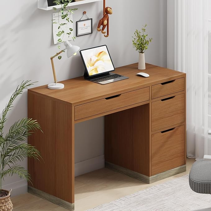 48 Inch Small Office Desk with 4 Drawers for Bedroom, Computer Desk with Storage, Study Desk with Filing Cabinet for Kids, Brown