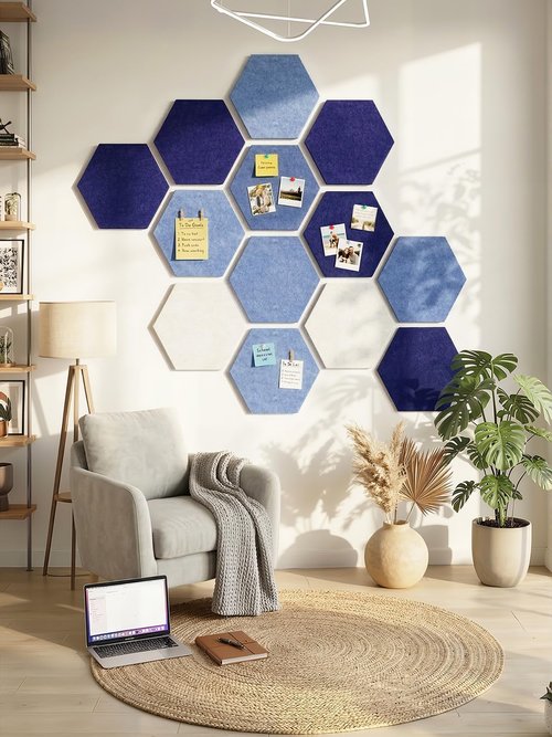 Hexagon Felt Bulletin Board Tiles by [Brand Name] - 12" Large Thick Pin Board for Home & Office Decor | 8 Pack with 30 Push Pins
