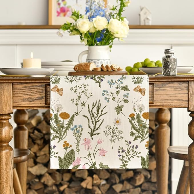 Artoid Mode Wildflowers Floral Spring Table Runner, Butterfly Seasonal Summer Kitchen Dining Table Decoration for Home Party Decor 13x120 Inch