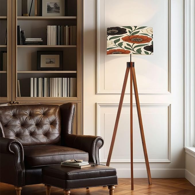 Wood Tripod Floor Lamp Boho Brown Green Orange Peony Floral Vintage Peony Flowers Various Mid Century Standing Lamp Linen Shade Dimmable Modern Tall lamp Home Decor for Living Room Bedroom Office