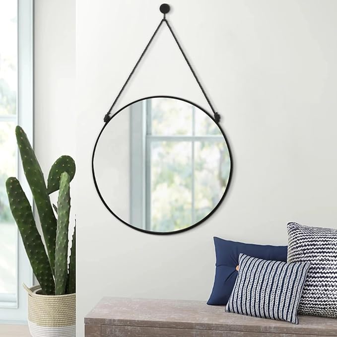 Circle Hanging Wall Mirror - Black Round Mirror, 16 Inch, Modern Home Decor for Bathroom, Living Room, Bedroom, Entryway, Hallway, Washroom, Dorm