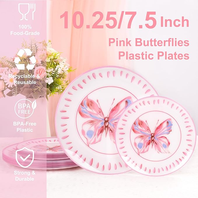 U-QE 20Pcs Pink Plastic Plates for Party - Pink Butterfly Plates Disposable Heavy Duty includes 7.5" Dessert & 10.25" Dinner Plates, Ideal Suitable for Baby Shower, Garden Gathering and Themed Event
