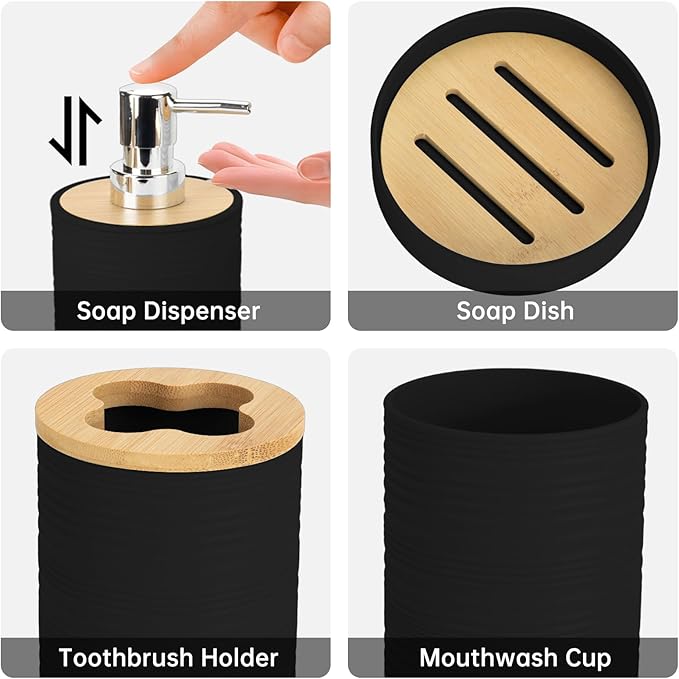 Bamboo Bathroom Accessories Set 4 Pcs, Black Bathroom Accessory Set with Soap Dispenser and Toothbrush Holder, Soap Dish and Mouthwash Cup, Boho Bathroom Decor