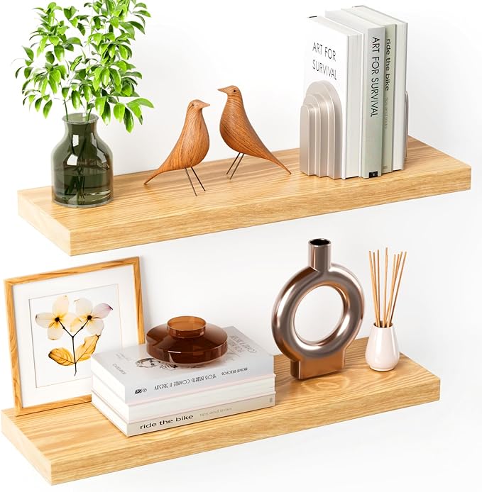 Solid Wood Live Edge Floating Shelves Set of 2 – 24" Rustic Wall Shelf with Hidden Bracket System, Wall Mounted Shelves for Bathroom, Kitchen, Living Room, Bedroom (Raw Wood)