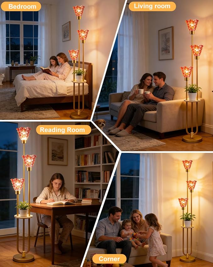 Lightdot Glass Floor Lamp with Shelf Mid Century Modern Gold Floor Lamps with Rose Red Glass Shade & Warm White Bulbs Included Standing Tall Lamp with 5Lbs Heavy Base for Living Room/Wedding/Office