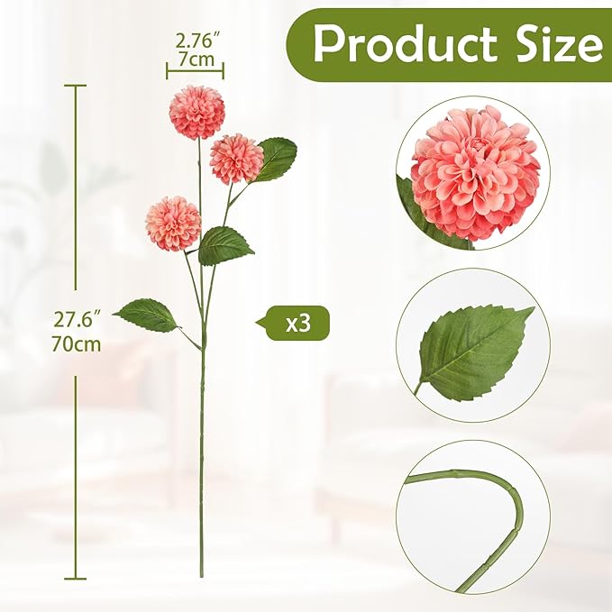 Hollyone 27.6" Pink Artificial Dahlia Flowers 3Pcs Fake Roses Bouquet Ball Dahlia Flower Arrangement Faux Pincushion Flower with 3 Heads Long Stem for Centerpiece Home Decor