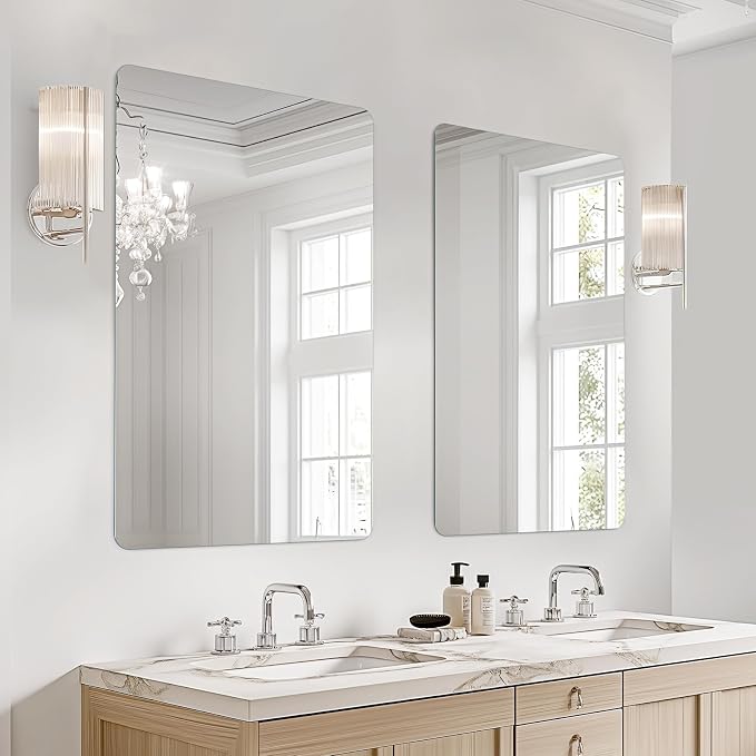 USHOWER 2-Pack Frameless Bathroom Mirror 20X30 Inch, Rectangle Wall Vanity Mirror for Over Sink, Bathroom, Bedroom, Entryway, Polished Edge, Tempered Glass