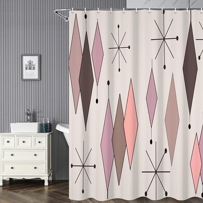 Mid Century Shower Curtain Vintage Abstract Pink Brown Diamond Geometric Atomic Starburst Pattern for 1950s Retro Bathroom Decor Accessories Shower Curtain Set with 12 Hooks, 72x78 Inches