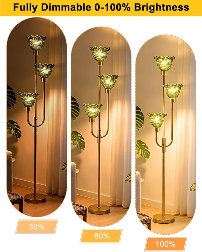 Lightdot 3-Lights Glass Floor Lamp 66IN Modern Gold Dimmable Floor Lamps with 3000K Warm White Bulbs for Wedding Party Tall Standing Lamp with Green Glass Shade for Living Room/Bedroom/Home Decor