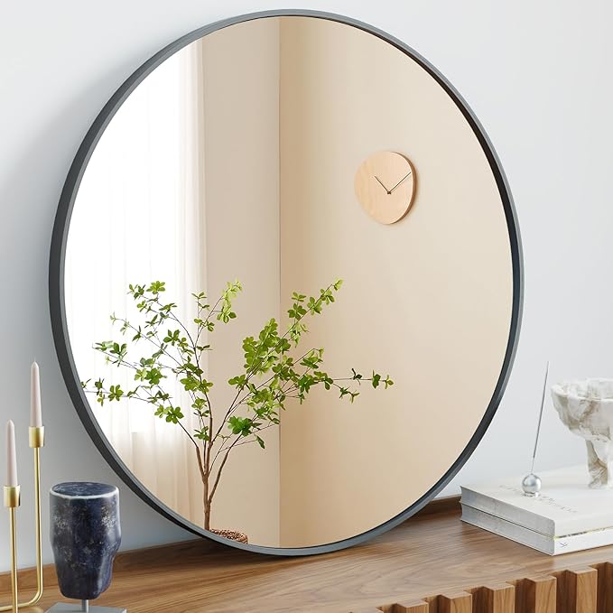Sweetcrispy Round Bathroom Mirror for Over Sink, 24 Inch Wall Mounted Vanity Mirror with Matte Metal Frame, Decor for Bathroom, Entryway, Bedroom, Black