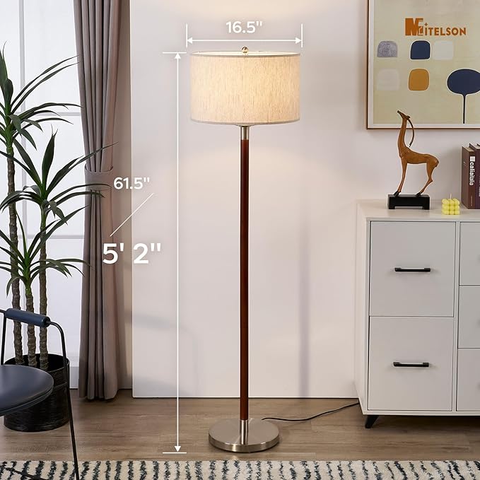 Walnut Brown Modern Floor Lamp for Living Room, Dimmable Tall Standing Lamp with Linen Shade and Bulb, Mid Century Rustic Farmhouse Floor Lamp for Bedroom Office Corner