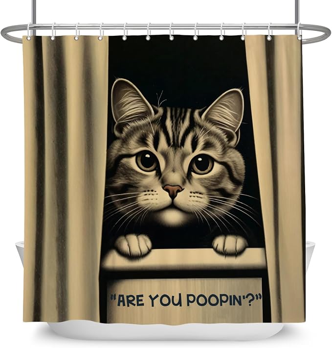 Cat Shower Curtains Cute are You Poopin' Funny Humorous Animal Whimsical Bathroom Curtain Curious Joke Cat Shower Curtain Sets for Bathroom Extra Long 69x70 in with 12 Hooks