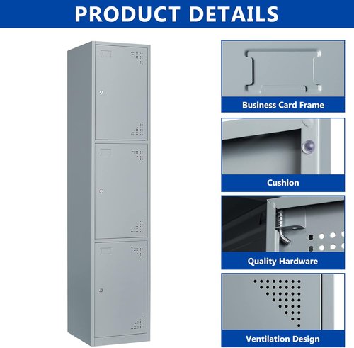 BYNSOE Metal Locker Cabinet - 3-Door Design for Employees, Schools & Gyms - Grey, Assembly Required