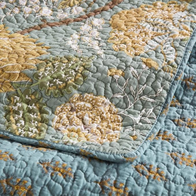 ENASAL Cotton Bedspread Quilt Sets Reversible Bedding Coverlet Sets Comforter, Vintage Floral Farmhouse Pastoral Turquoise Bedspread, King Size