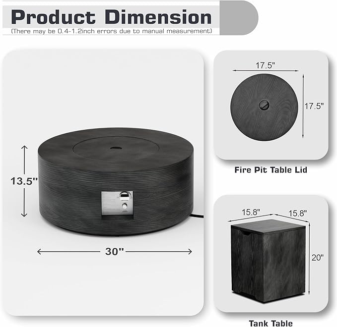 2-Piece 30" Round Propane Fire Pit for Outside Patio with Hidden Tank Table, 50,000 BTU Fireplaces with Wind Guard, Lid, Glass Rocks, Cover(Wood Grain Ebony)