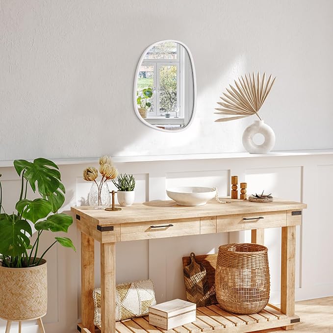 Asymmetrical Hanging Mirrors Irregular Wall Mirror White Wooden Framed Oval Mirrors for Wall Decorative Small Vanity Wall Mounted Mirror for Home Living Room Bedroom Hallway Entryway