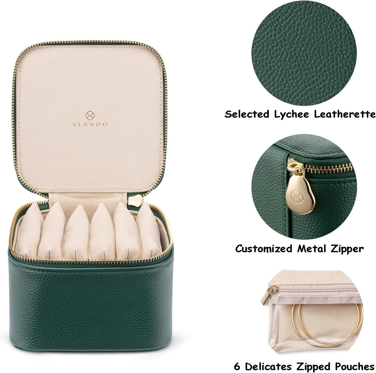 VLANDO Travel Jewelry Box Organizer - Portable PU Leather Case with 6/8/12 Zippered Pouches | Compact Dark Green Storage for Earrings, Rings, Necklaces, Bracelets